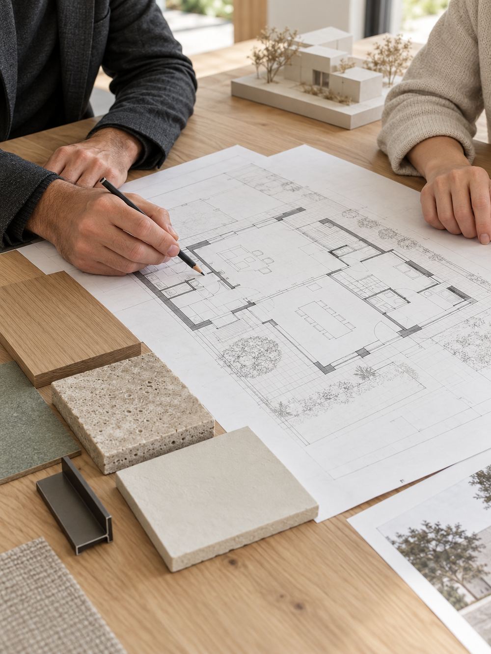 Besprechung am Grundriss mit Materialmustern und Modell