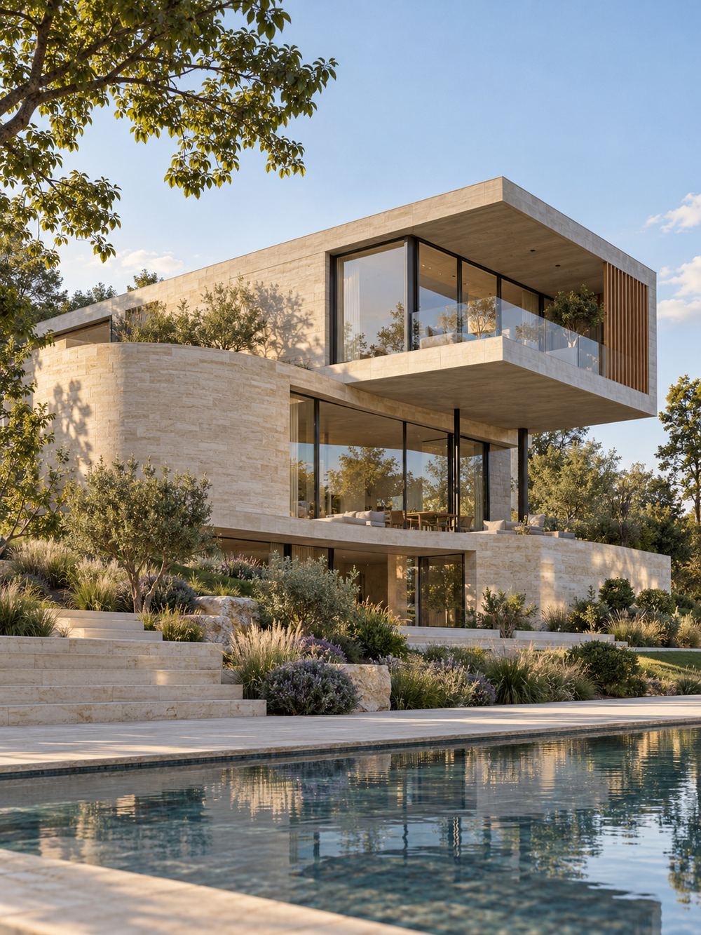 Modernes Wohnhaus mit Natursteinfassade und Pool