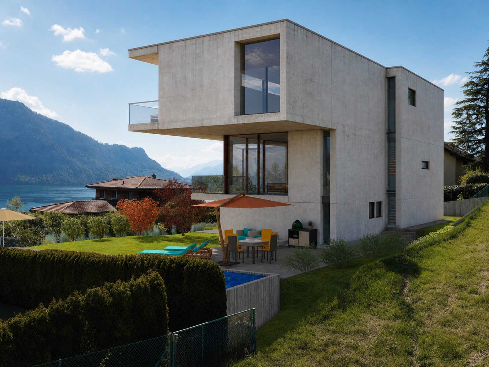 EFH Weggis – Gartenseite mit Pool